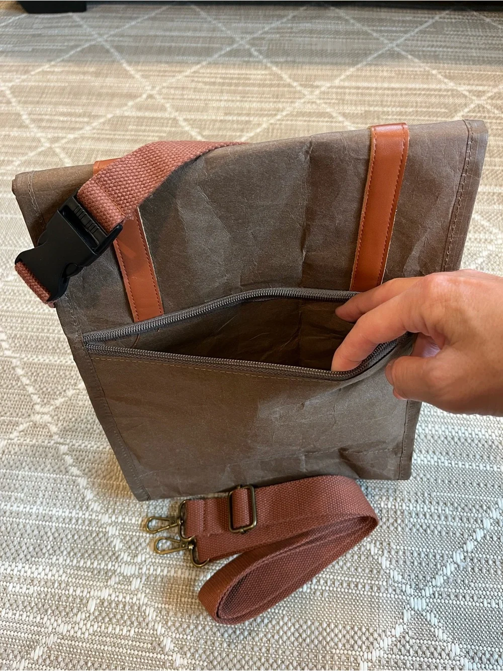 Brown Canvas Messenger Bag with Tan Straps by